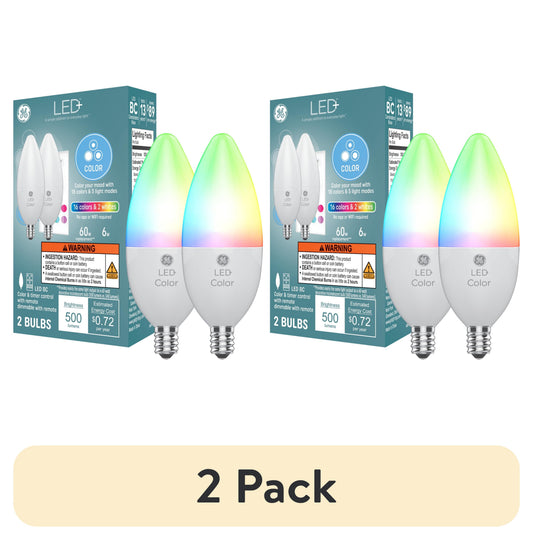 (2 pack) GE LED+ Color Changing LED Light Bulbs, 60 Watt, Decorative Bulbs, E12 Small Base, 2pk