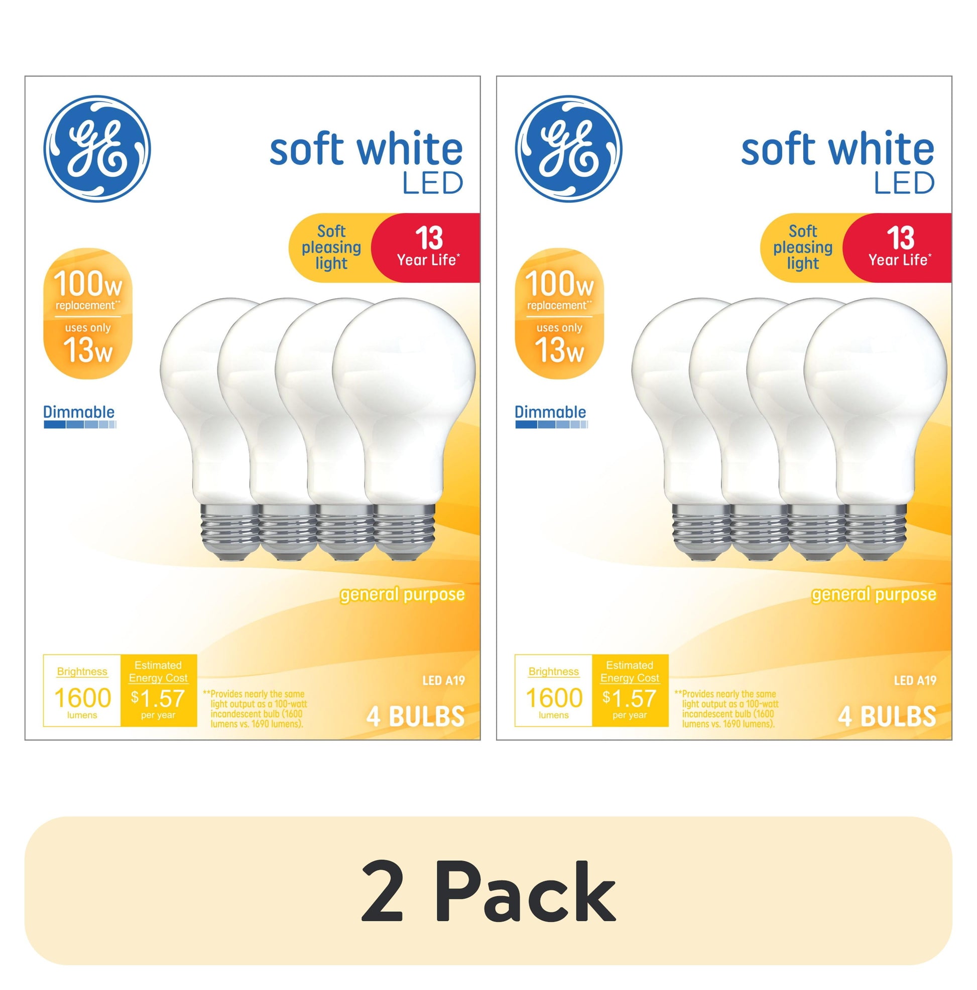(2 pack) GE LED Light Bulbs, 100 Watt, Soft White, A19 Bulbs, Medium Base, Frosted Finish, 13yr, 4pk