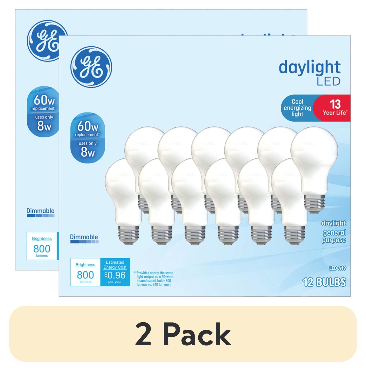 (2 pack) GE LED Light Bulbs, 60 Watt Equivalent, A19, Daylight, Medium Base, Frosted, 13-Year Lifespan, 12-Pack