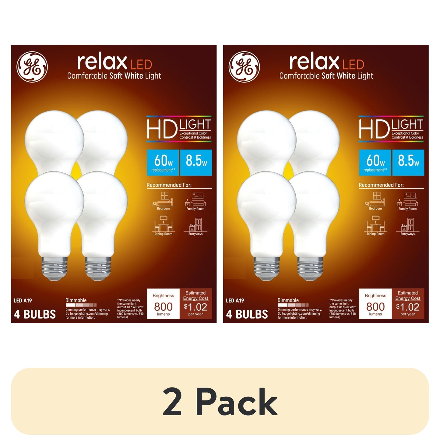 (2 pack) GE Relax HD LED Light Bulbs, 60 Watt, Soft White, A19 Bulbs, Medium Base, Frosted Finish, 4pk