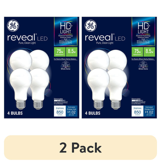 (2 pack) GE Reveal HD+ LED Light Bulbs, 75 Watt, A19 Bulbs, Medium Base, Frosted Finish, 4pk