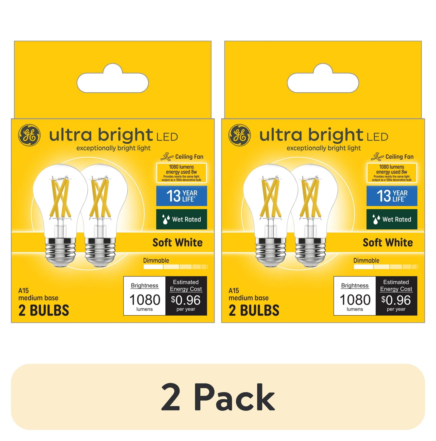 (2 pack) GE Ultra Bright LED Light Bulbs, 100 Watt, Soft White, A15 Ceiling Fan Bulbs, Medium Base, Clear Finish, 2pk