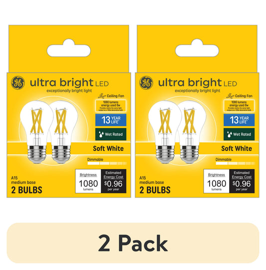 (2 pack) GE Ultra Bright LED Light Bulbs, 100 Watt, Soft White, A15 Ceiling Fan Bulbs, Medium Base, Clear Finish, 2pk