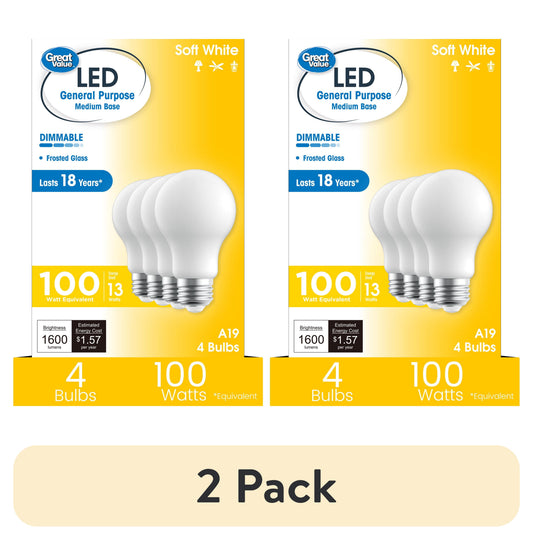 (2 pack) Great Value A19 LED 13W (100W Equivalent) Soft White E26 Medium Base General Purpose Light Bulbs, Dimmable, 4 Pack