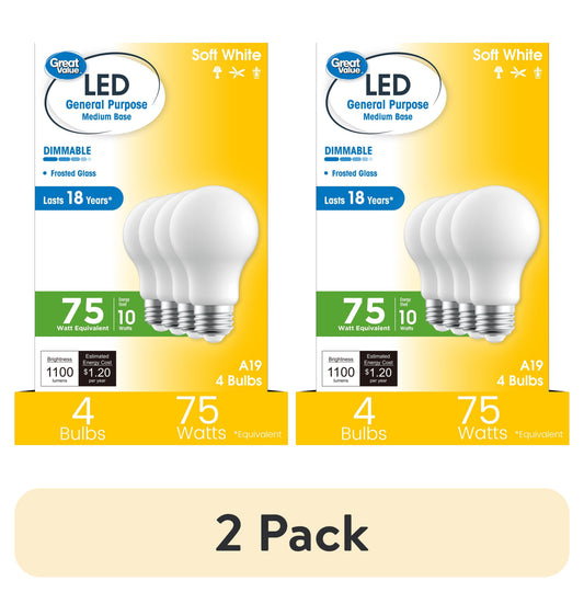 (2 pack) Great Value 18YR A19 LED Light Bulb, 10W (75W Equivalent) Dimmable Soft White E26 Base (4 Pack)