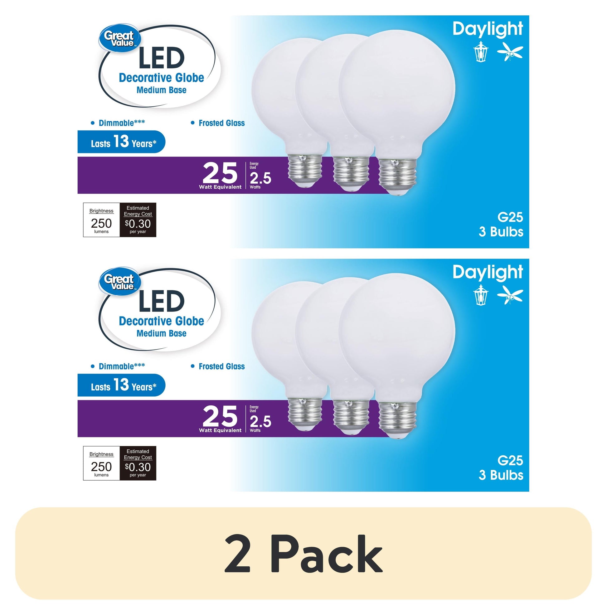 (2 pack) Great Value G25 LED Light Bulb, 2.5-Watt (25W Equivalent) Daylight Decorative Globe E26 Base Dimmable - 3 Pack