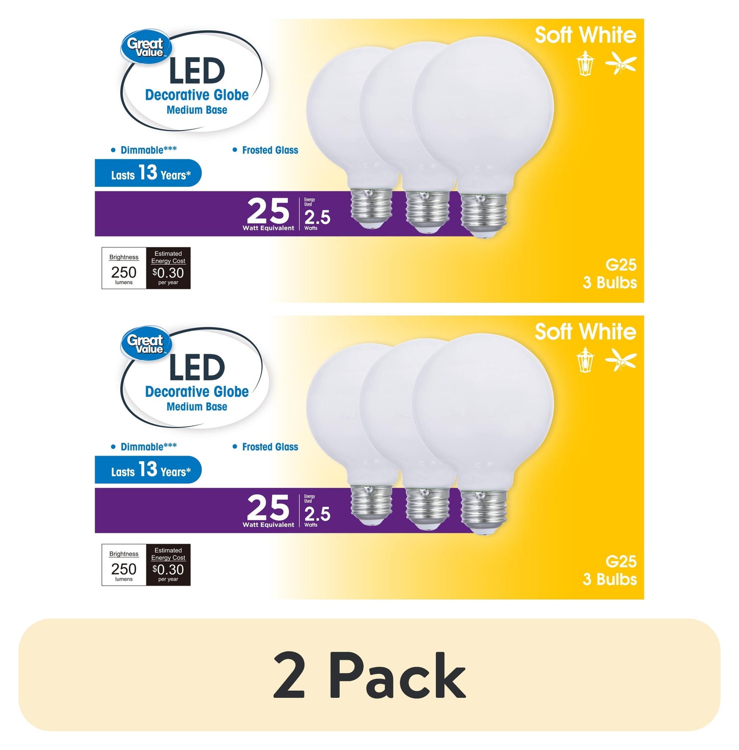 (2 pack) Great Value G25 LED Light Bulb, 2.5-Watt (25W Equivalent) Soft White Decorative Globe E26 Base Dimmable - 3 Pack
