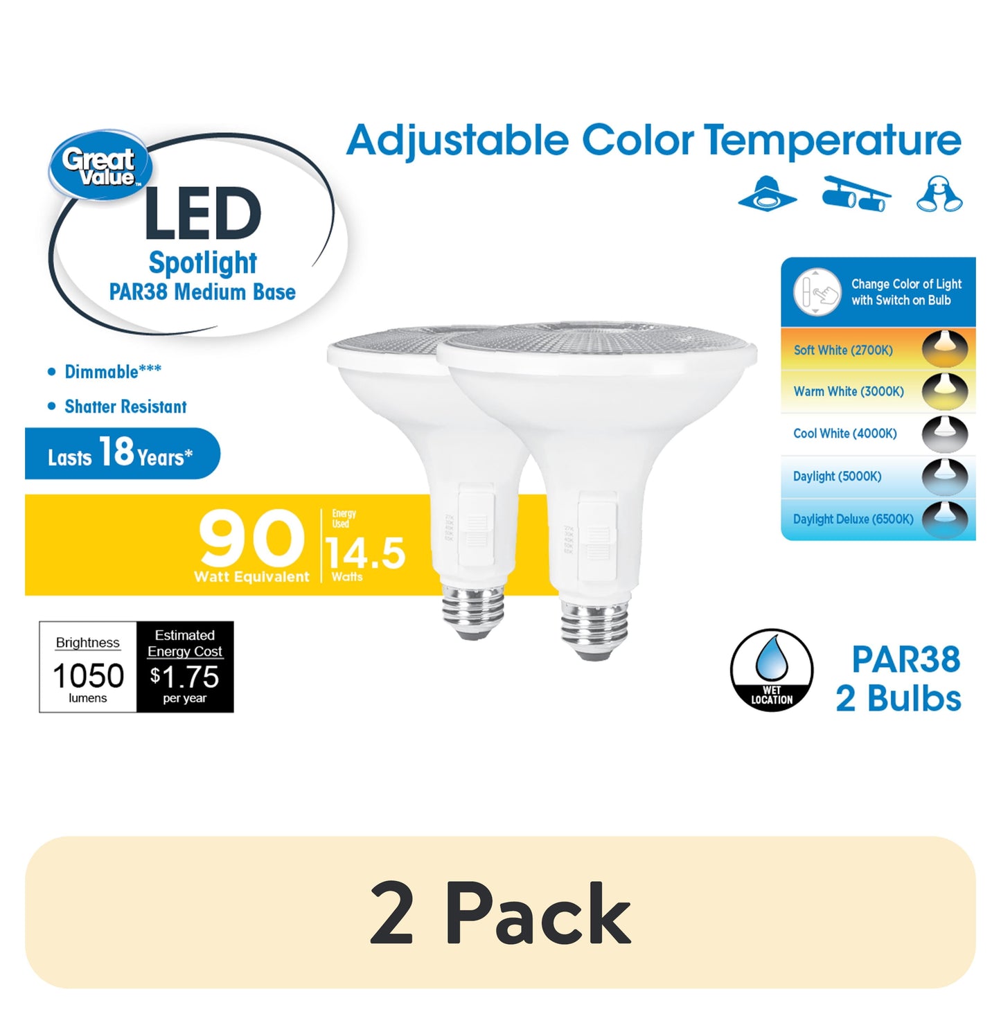 (2 pack) Great Value LED Light Bulb, 13.5 Watts (90W Equivalent) PAR38 Floodlight Lamp E26 Medium Base, Dimmable, CCT, 2-Pack