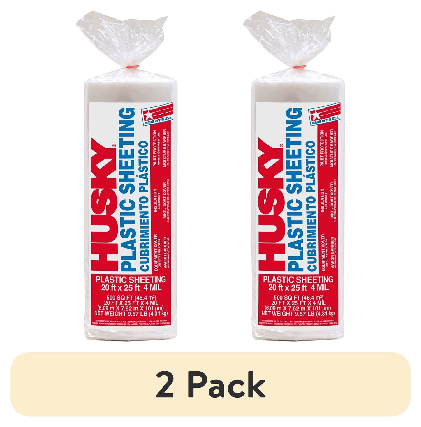 (2 pack) Husky 20' x 25' 4 Mil Clear Plastic Sheeting
