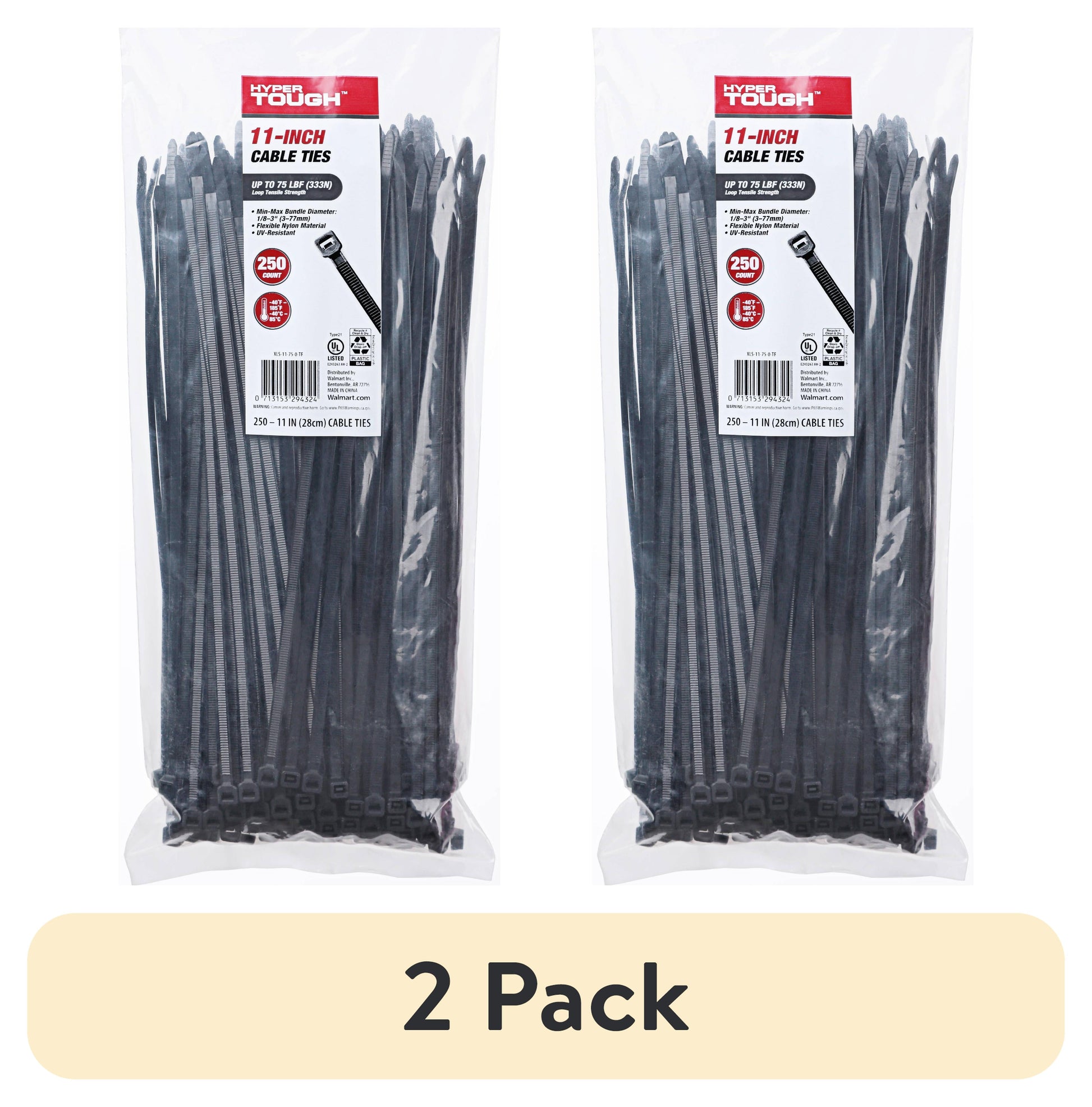(2 pack) Hyper Tough 11inch Cable Tie 75lbf Uv Black 250Pcs