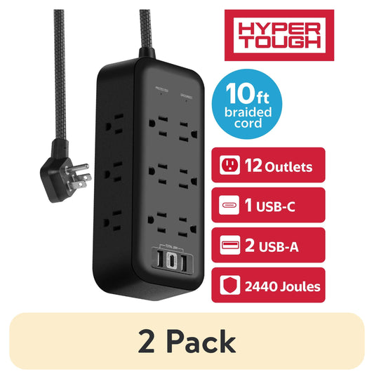 (2 pack) Hyper Tough USB Power Strip Surge Protector with 12 Outlets, Fast Charger USB Ports, 10ft Extension Cord, Black