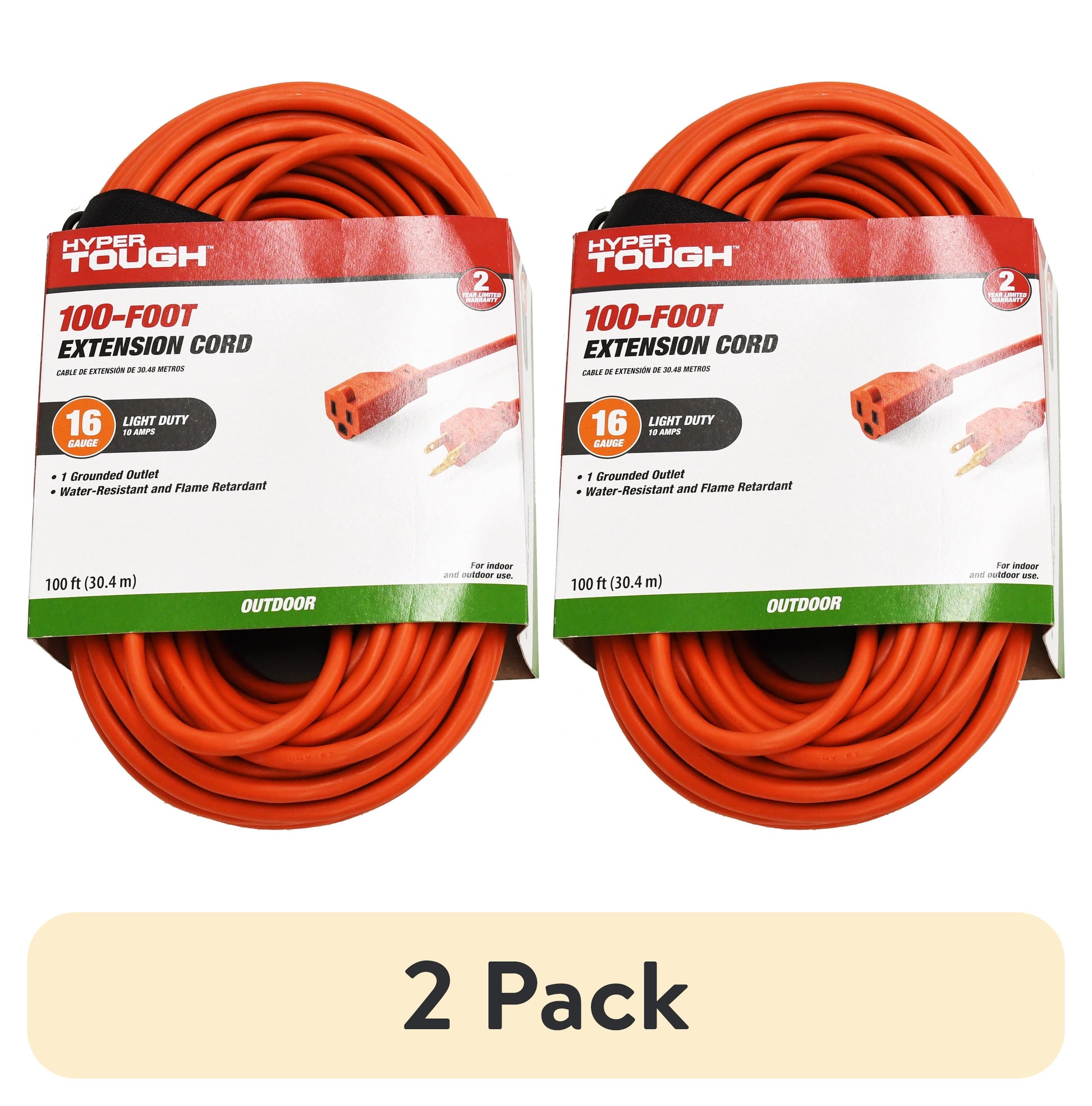 (2 pack) Hyper Tough 16AWGX3C 100ft para Interiores y Exteriores Cable de ExtensiÃ³n de Vinilo Naranja de Uso Ligero