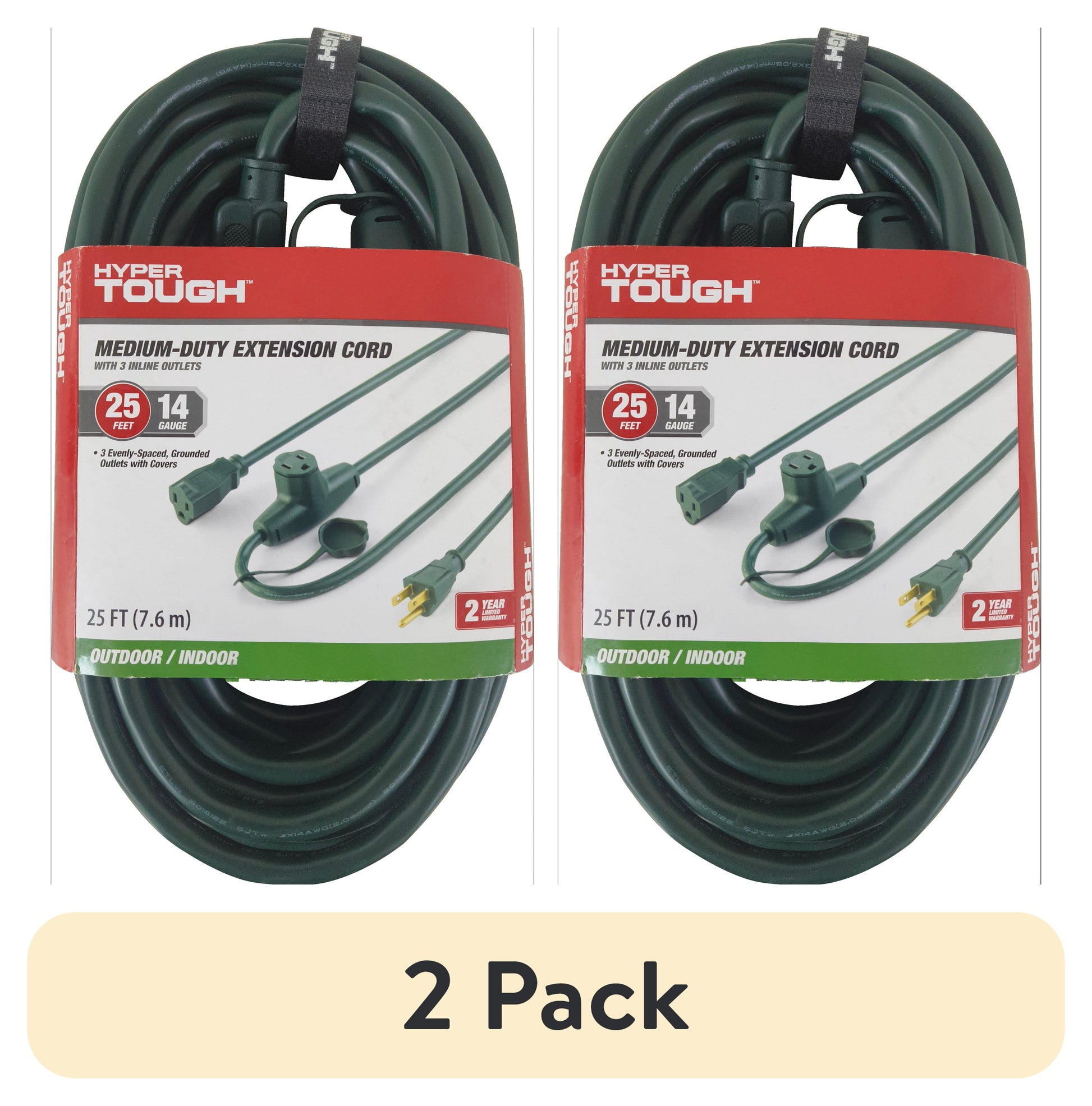 (2 pack) Hyper Tough 25FT 14AWG 3 Prong Green Landscaping Cord, For Indoor and Outdoor Use, 125V, 15A