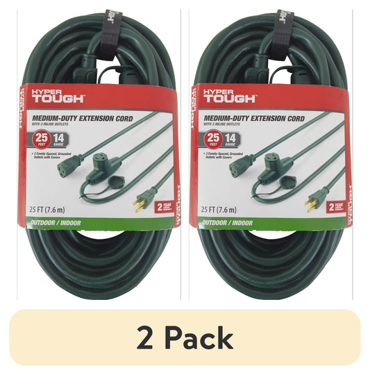 (2 pack) Hyper Tough 25FT 14AWG 3 Prong Green Landscaping Cord, For Indoor and Outdoor Use, 125V, 15A