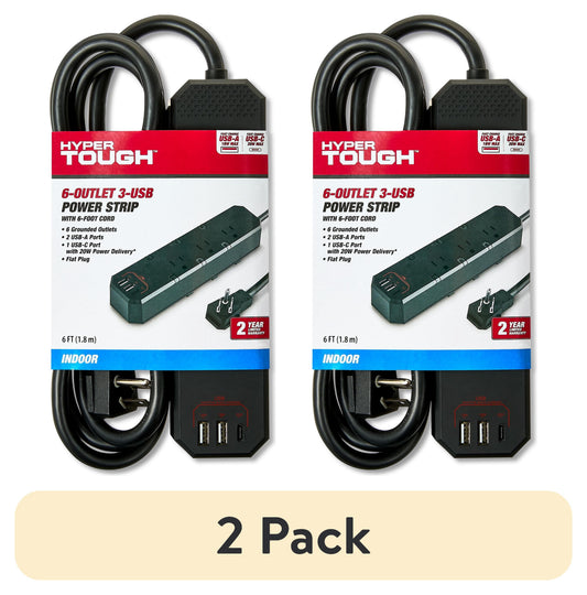 (2 pack) Hyper Tough 6-Outlet 3-USB Indoor Power Strip, Black, 6' Cord, 15 amps