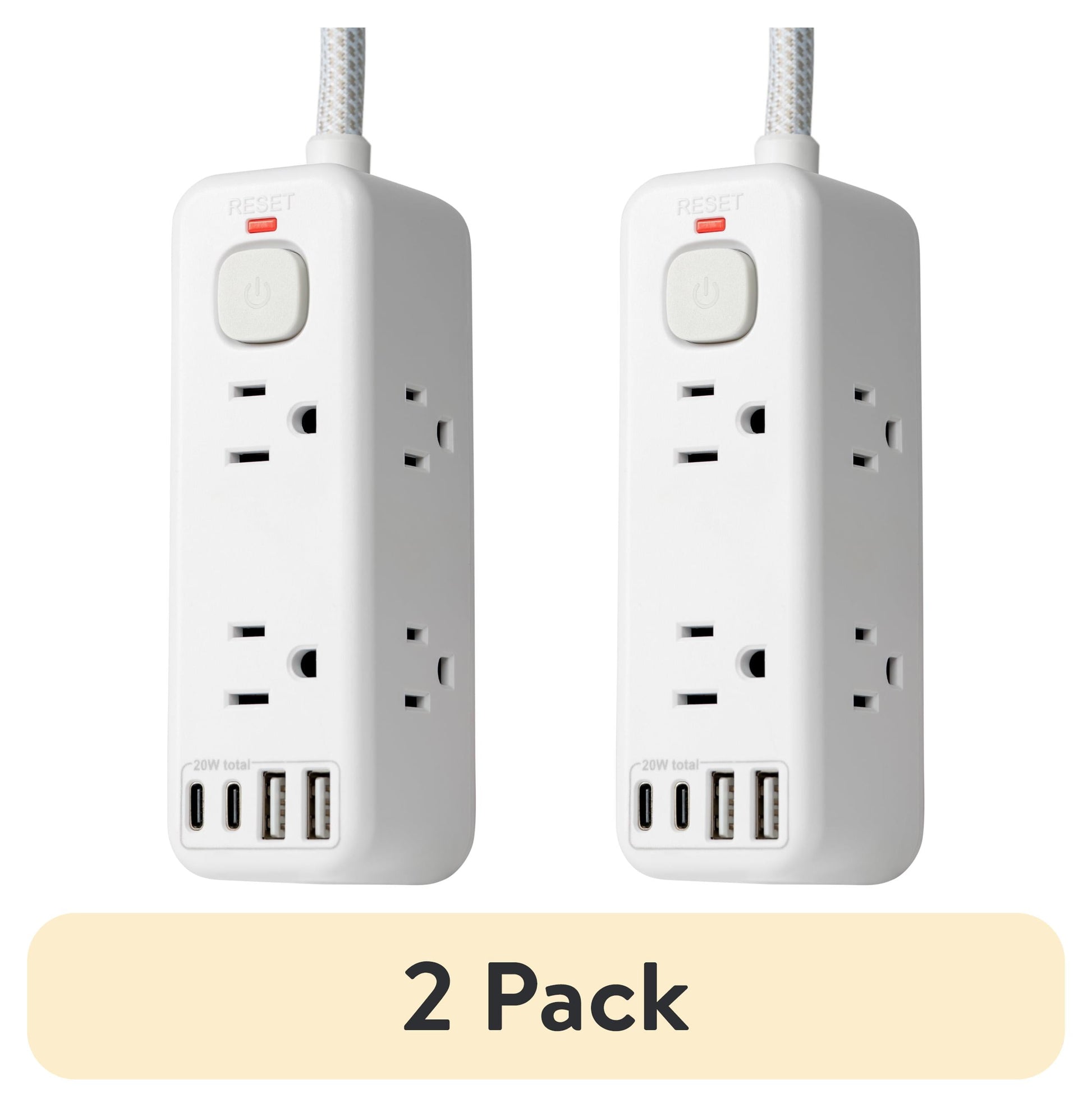 (2 pack) Hyper Tough USB Power Strip, 3ft Extension Cord, 6 Outlet, USB-A, USB-C, 900J Surge Protector, White