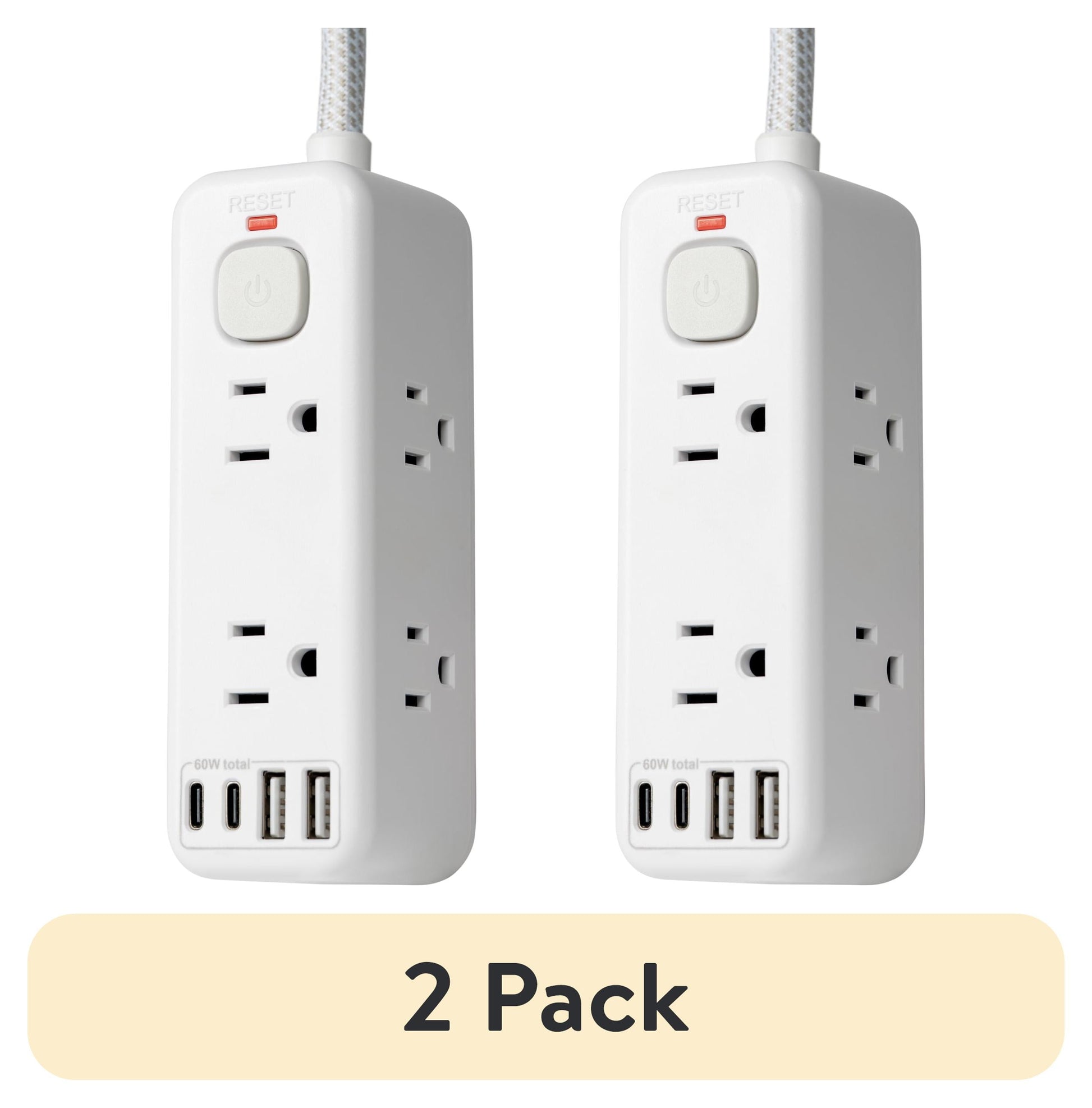 (2 pack) Hyper Tough USB Power Strip, 6ft Extension Cord, 6 Outlet, USB-A, USB-C, 900J Surge Protector, White