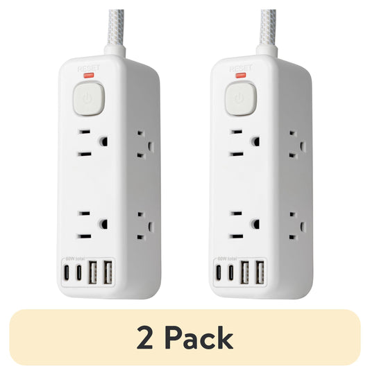 (2 pack) Hyper Tough USB Power Strip, 6ft Extension Cord, 6 Outlet, USB-A, USB-C, 900J Surge Protector, White