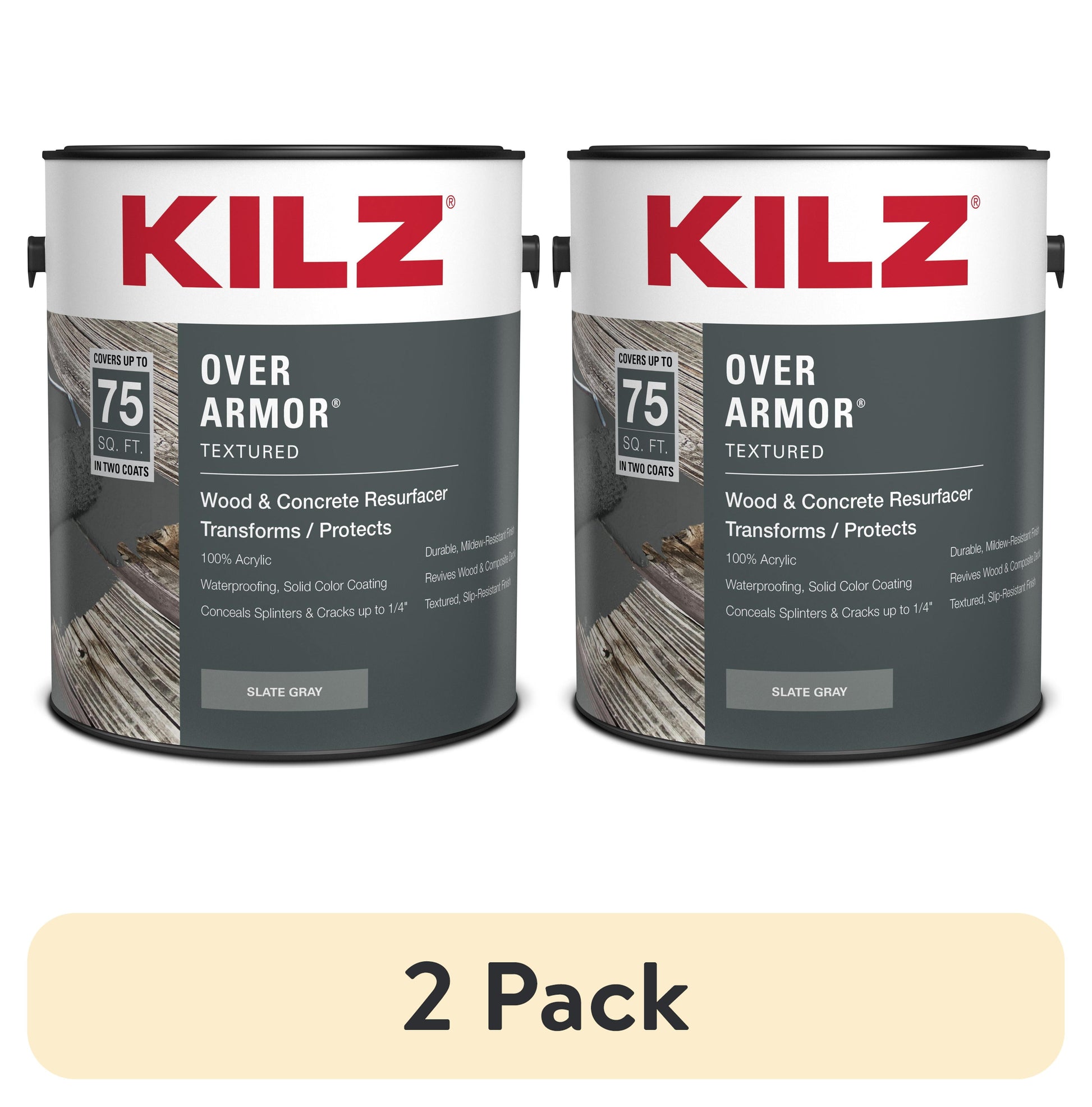 (2 pack) KILZ Over Armor Wood & Concrete Solid Coating Resurfacer, Exterior, Textured, Slate Gray, 1 Gallon