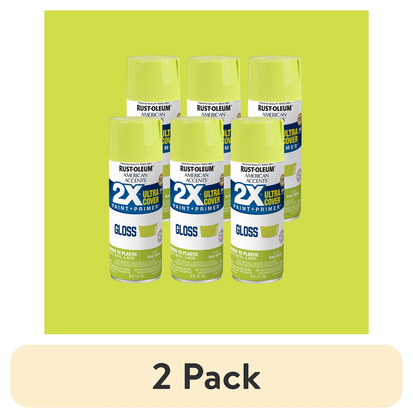 (2 pack) 6 Pack, Key Lime Rust-Oleum American Accents 2X Ultra Cover Gloss Spray Paint-327871, 12 oz