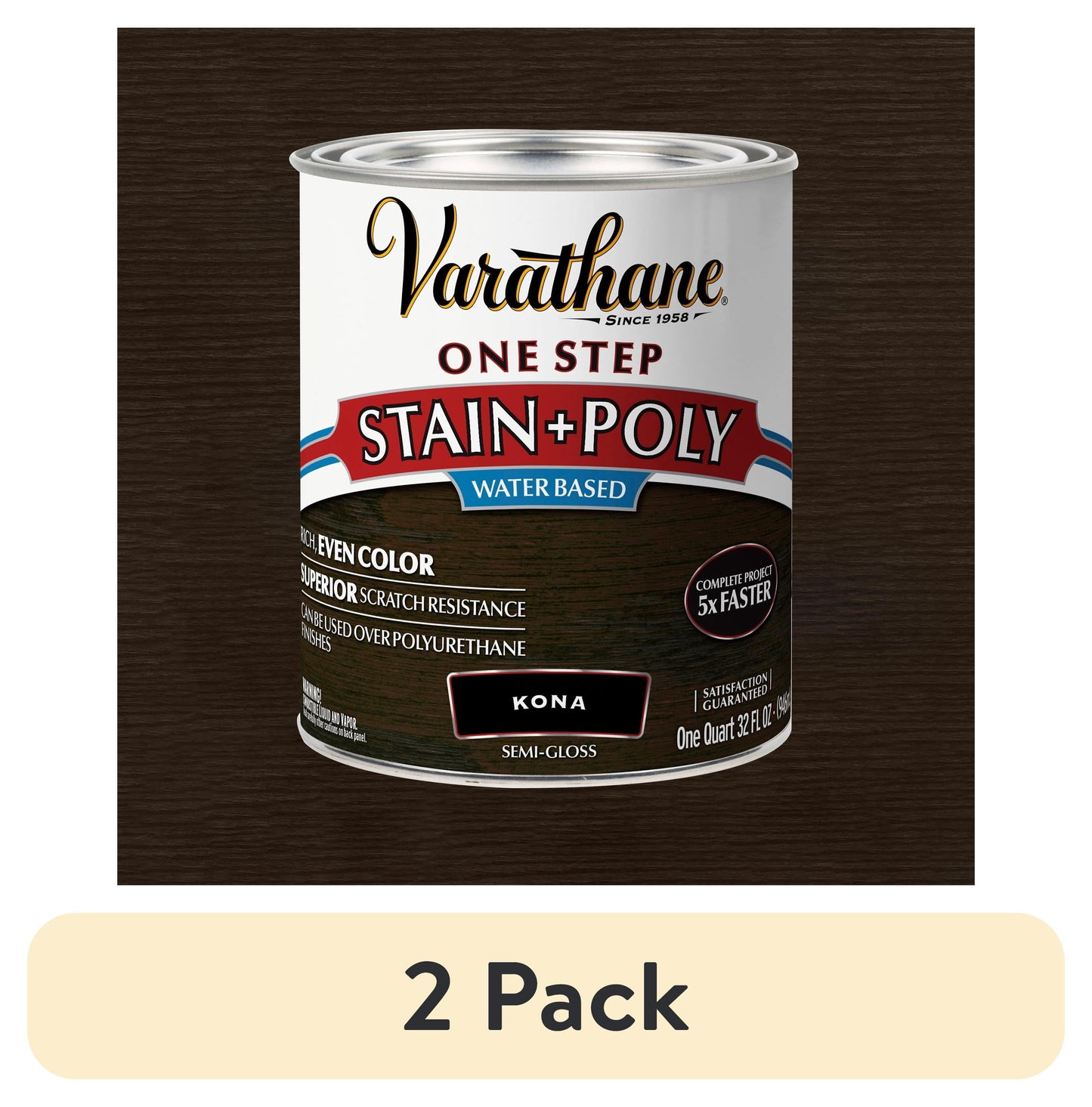 (2 pack) Kona, Varathane One Step Interior Wood Stain + Polyurethane, Semi-Gloss -333655, Quart
