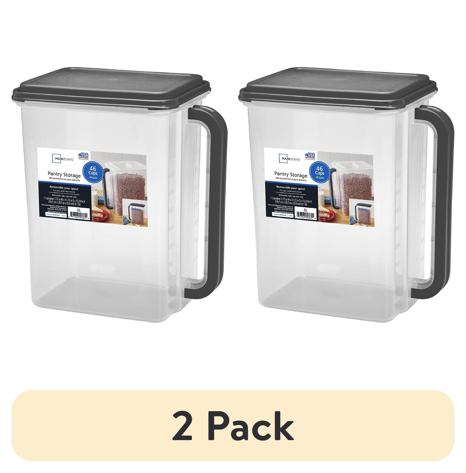 (2 pack) Mainstays Large Plastic Bulk Food Storage Canister with Lid and Handle, Pantry Organizer Container for Cereal and Dry Food Storage, 46 Cup Capacity, Dark Gray Lid, 11.55" x 7.8" x 13.25"