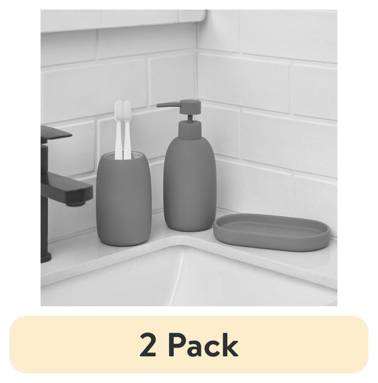 (2 pack) Mainstays Ceramic Stoneware Bath Accessories 3-Piece Set, Grey â€“ Soap Pump Dispenser, Tumbler, and Accessory Tray