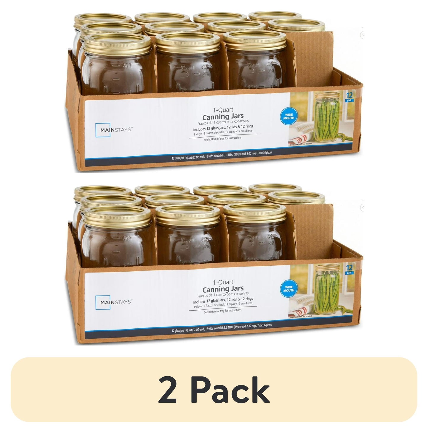 (2 pack) Mainstays 32 oz Mason Jars, Wide Mouth Quart Canning Jars with Lids and Rings, 12-Pack Large Glass Jars for Home Canning and Fermenting