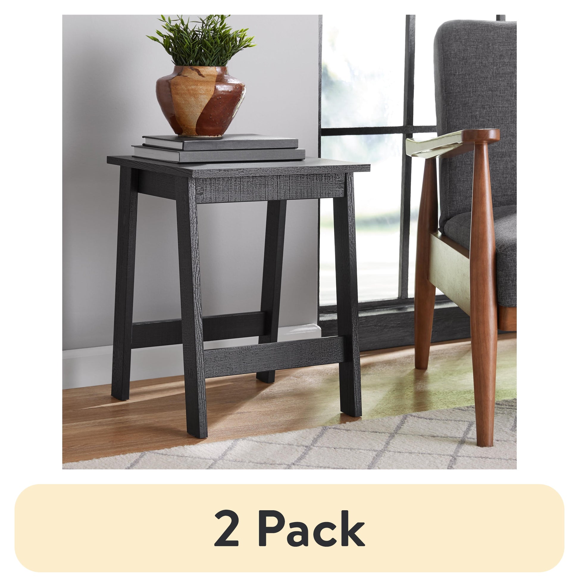 (2 pack) Mainstays Small Square Wood Side Table, Black Finish