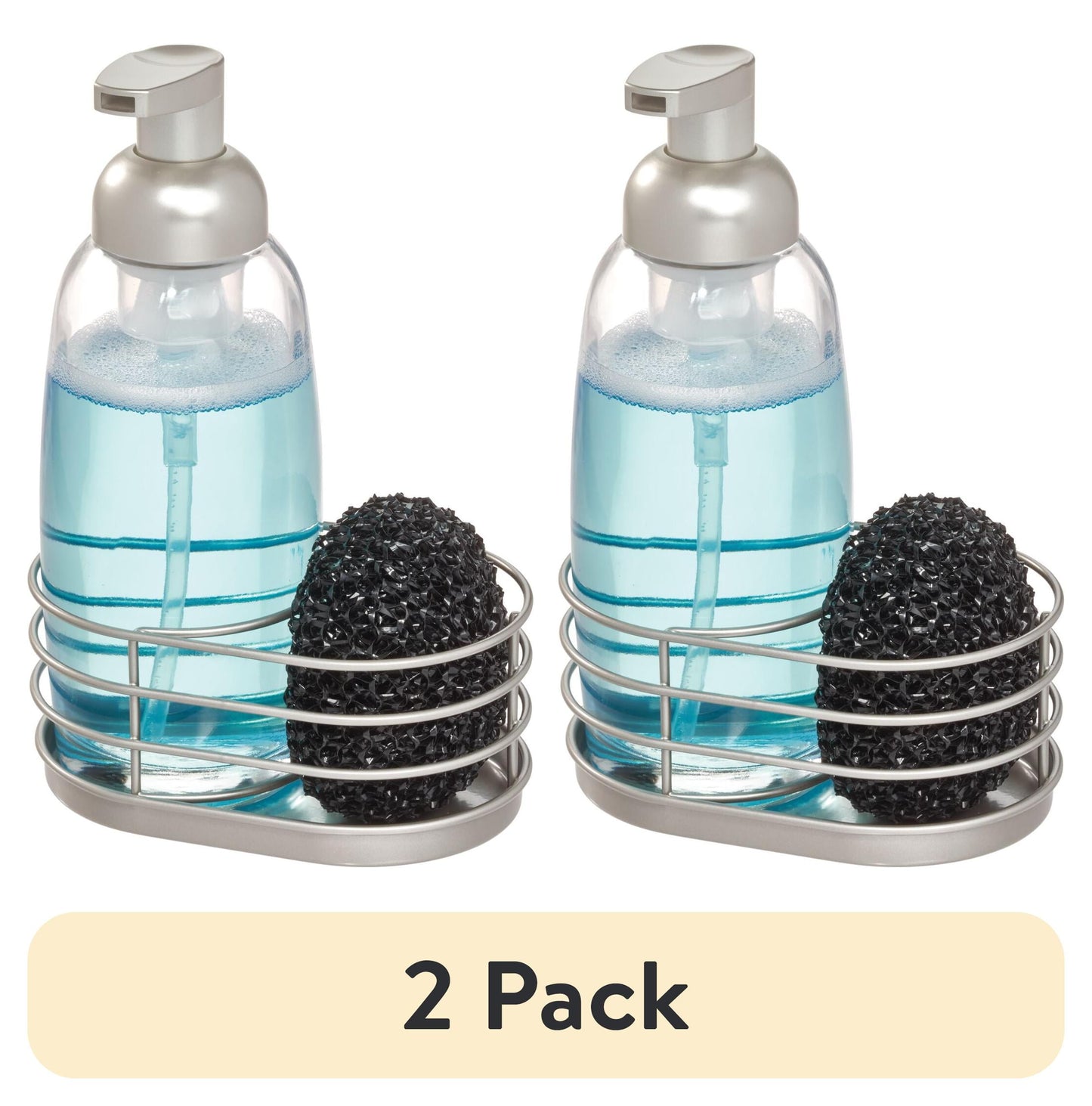 (2 pack) Mainstays Glass Foaming Soap Dispenser with Metal Sponge Caddy, Kitchen Sink Organizer for Dish Soap, Sponge and Cleaning Supplies, Clear, 5" x 3.5" x 7.9"