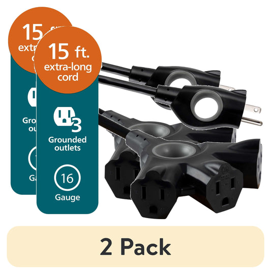 (2 pack) Philips EZGrip 15FT Black Extension Cord  3 Prong with Multiple Outlets Outdoor Indoor 16AWG