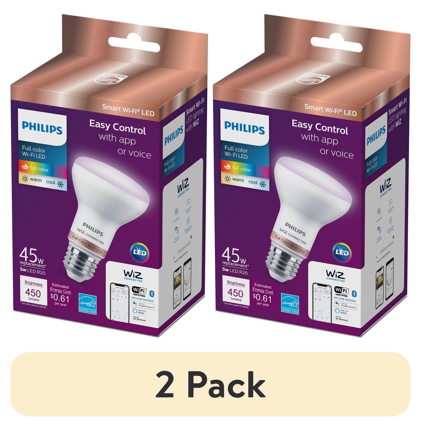 (2 pack) Philips Smart Wi-Fi Connected LED 45-Watt R20 Light Bulb, Frosted Color, Dimmable, E26 Medium Base (1-Pack)