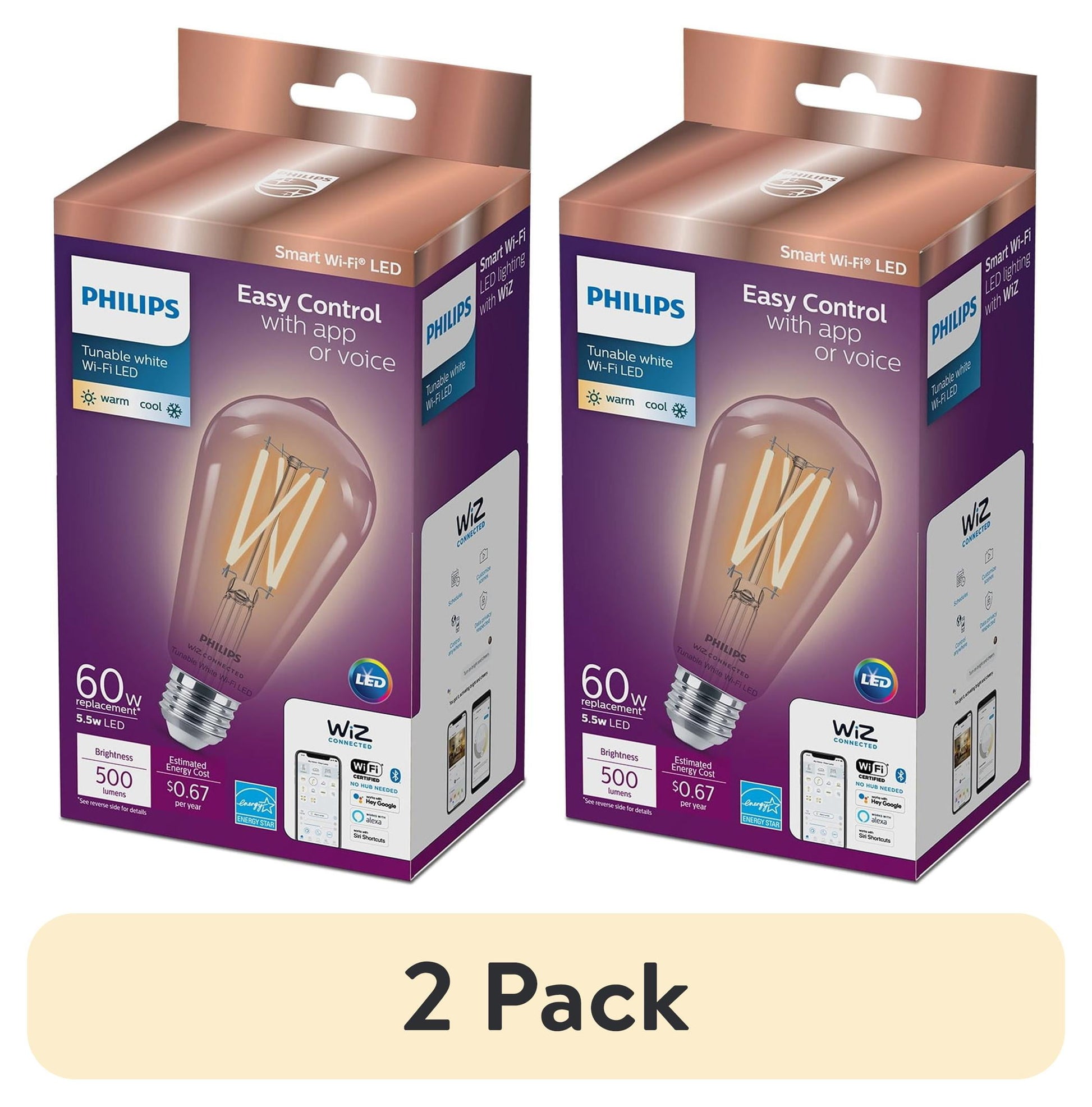 (2 pack) Philips Wi-Fi Connected LED 60-Watt ST19 Filament Tubular Light Bulb, Clear Tunable White, Non-Dimmable, E26 Base (1-Pack)