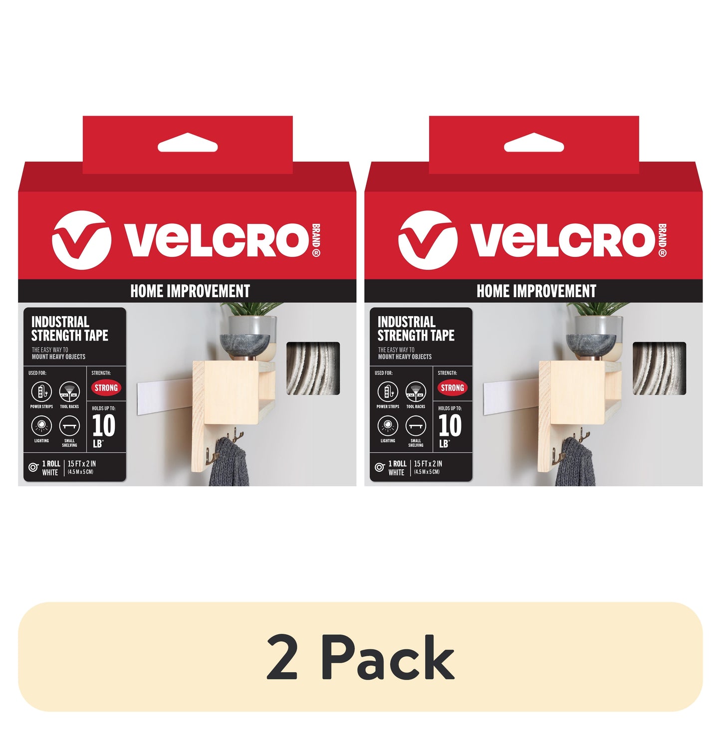 (2 pack) VELCRO Brand Industrial Strength Tape | Indoor & Outdoor Use | Superior Holding Power on Smooth Surfaces | 15ft x 2in Tape | White