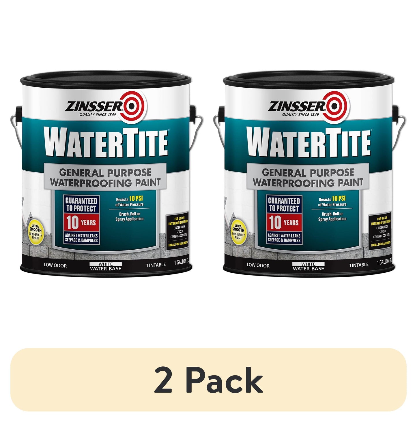 (2 pack) White, Zinsser WaterTite Matte General Purpose Waterproofing Paint- 369381, Gallon