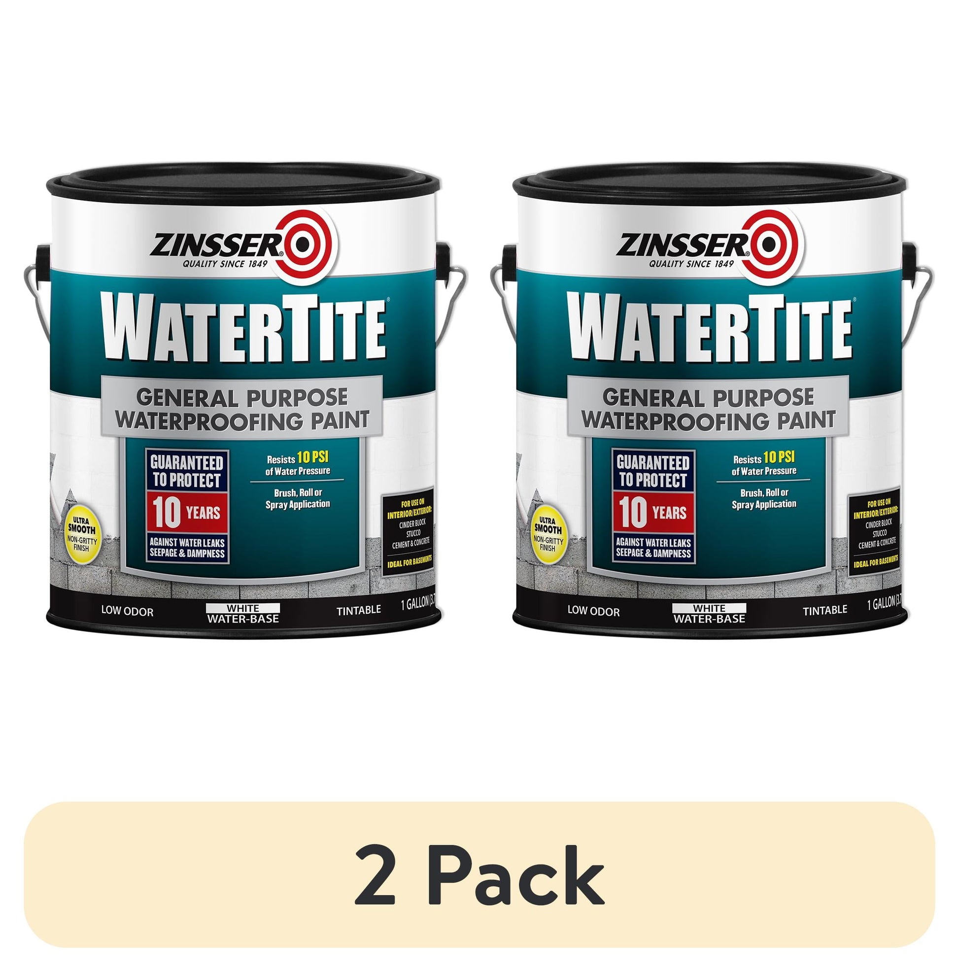 (2 pack) White, Zinsser WaterTite Matte General Purpose Waterproofing Paint- 369381, Gallon