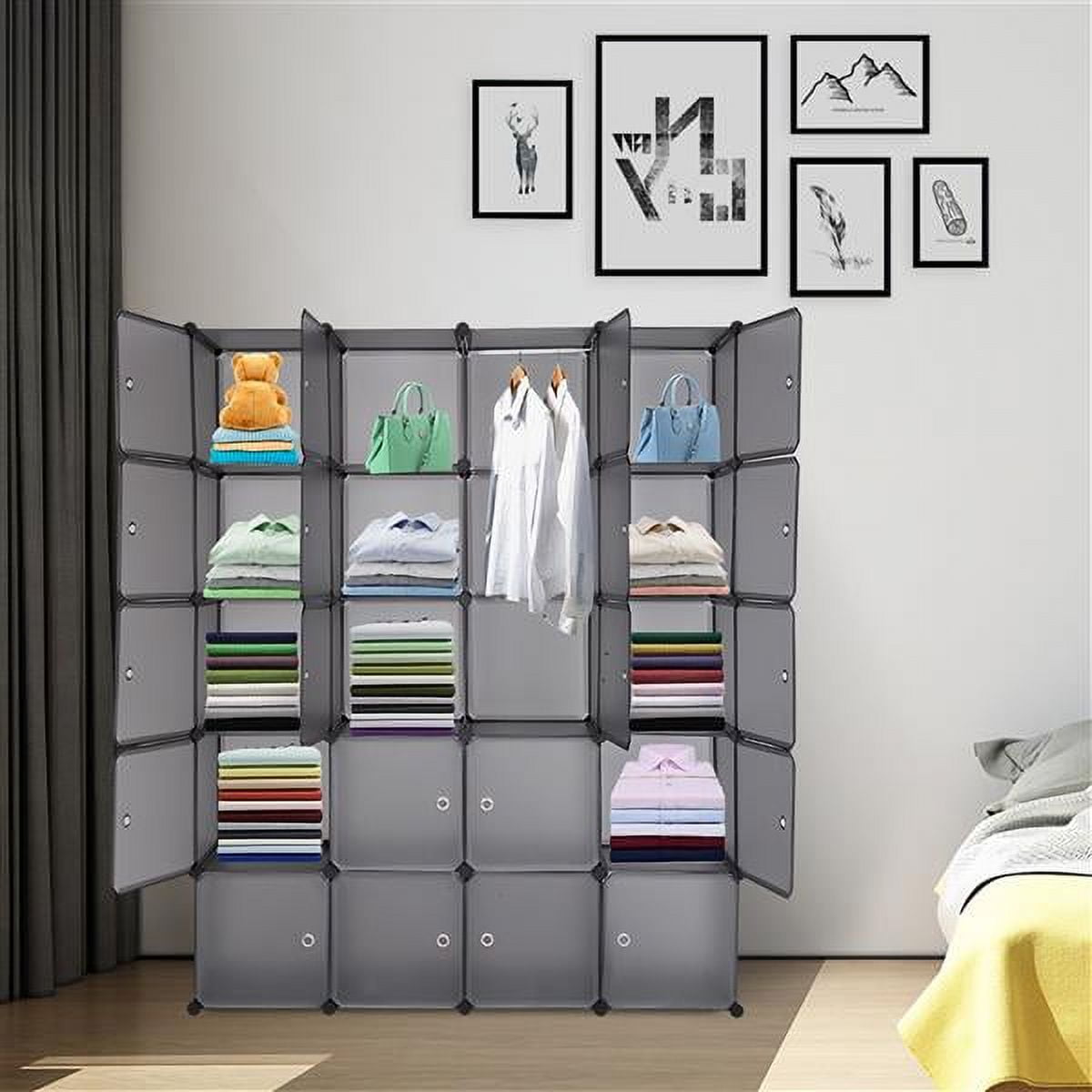 20-Cube Modular Storage Organizer - DIY Stackable Plastic Shelves with Hanging Rod, Multifunctional for Bedroom/Office/Kids Room (Gray)