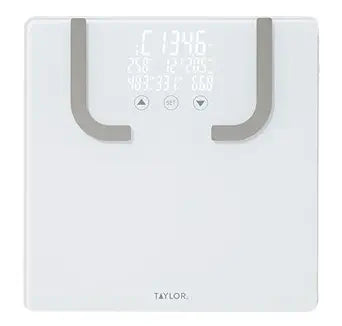 Taylor Smart Bathroom Scale with BIA Body Fat Analysis, Bluetooth App Sync, Digital Weight Monitor, BMI & BMR Tracking, 8 User Profiles, 440 lb Capacity, LED Display, Glass Platform, White