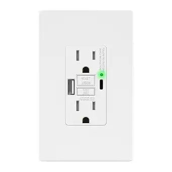 LIDER GFCI USB Outlet 15Amp, 4.2A USB A&C, ETL Listed, Matte White