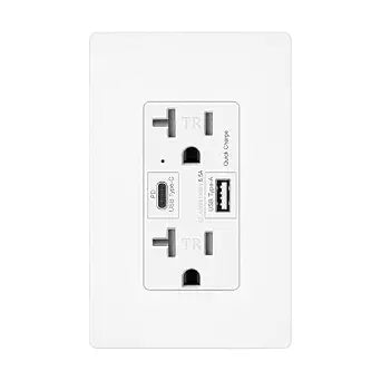Micmi USB C + A Outlet PD 65W GaN + Power Delivery Receptacle 6.5A with Type A and Type C Ports, 125 Volt Tamper-Resistant for USB-C Cellphone W/Wallplate UL Listed (1Pack, White, 20Amp 65W)