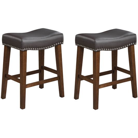 24 Inch Bar Stools Set of 2 Leather Counter Height Kitchen Stools Curved Backless Saddle Barstools for Kitchen Island, Brown