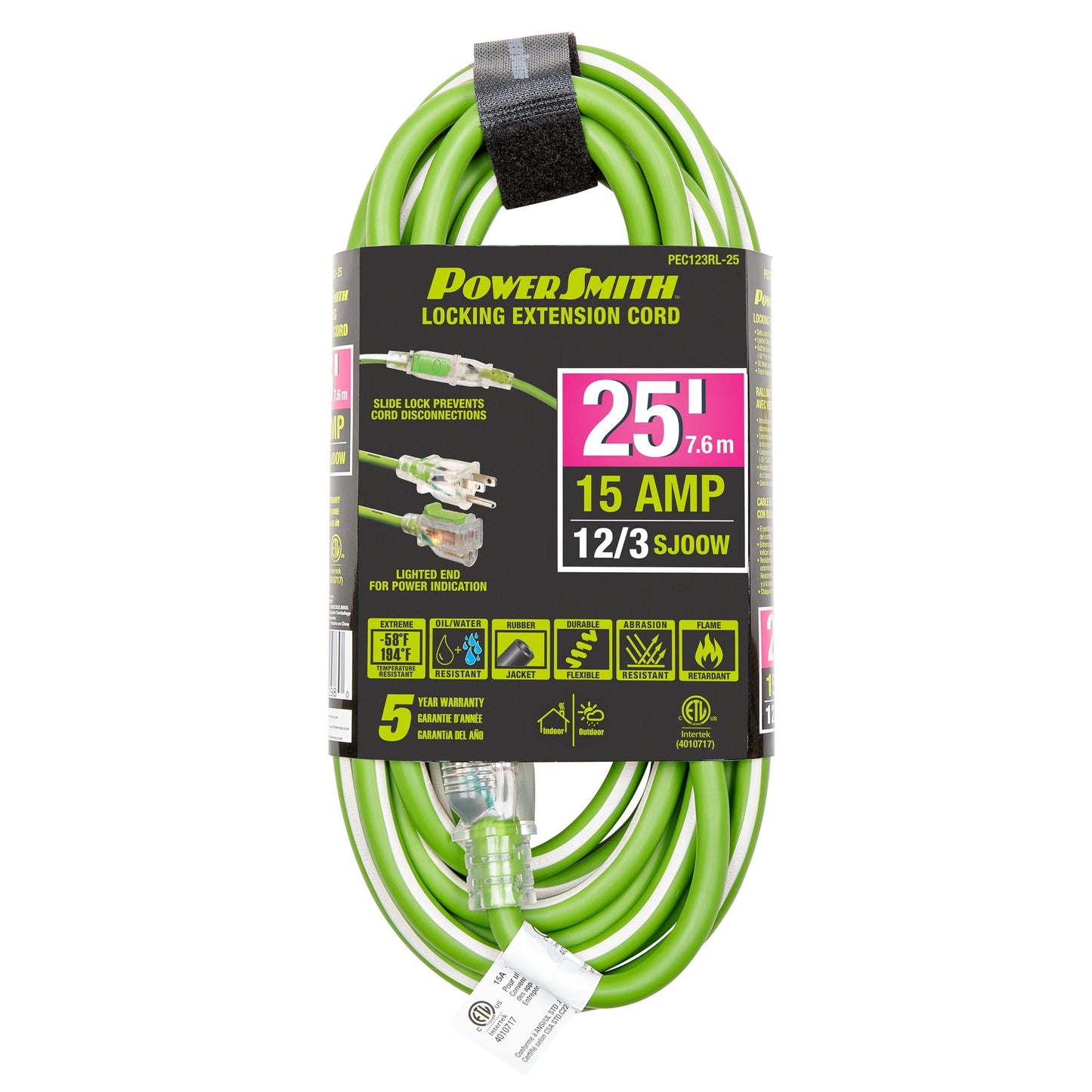 PowerSmith 1-Outlet 15-Amp 3-Prong Grounded Heavy-Duty Rubber-Jacket Outdoor Locking Extension Cord, 12-Gauge with Lighted Straight Plug, 25 Ft.