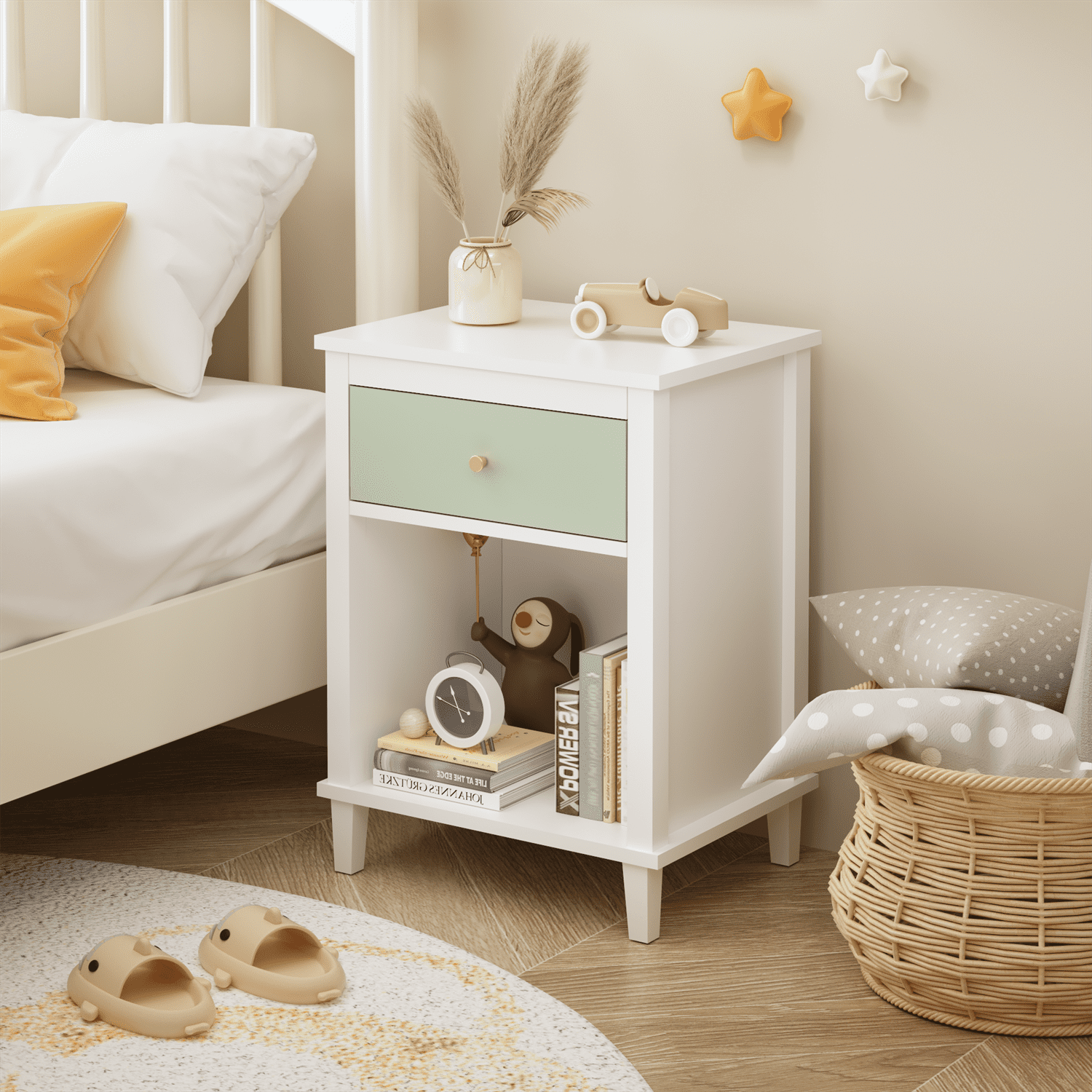 26.77"H Wooden Nightstand with One Drawer One Shelf for Kids, Adults, Gray+Silver handle
