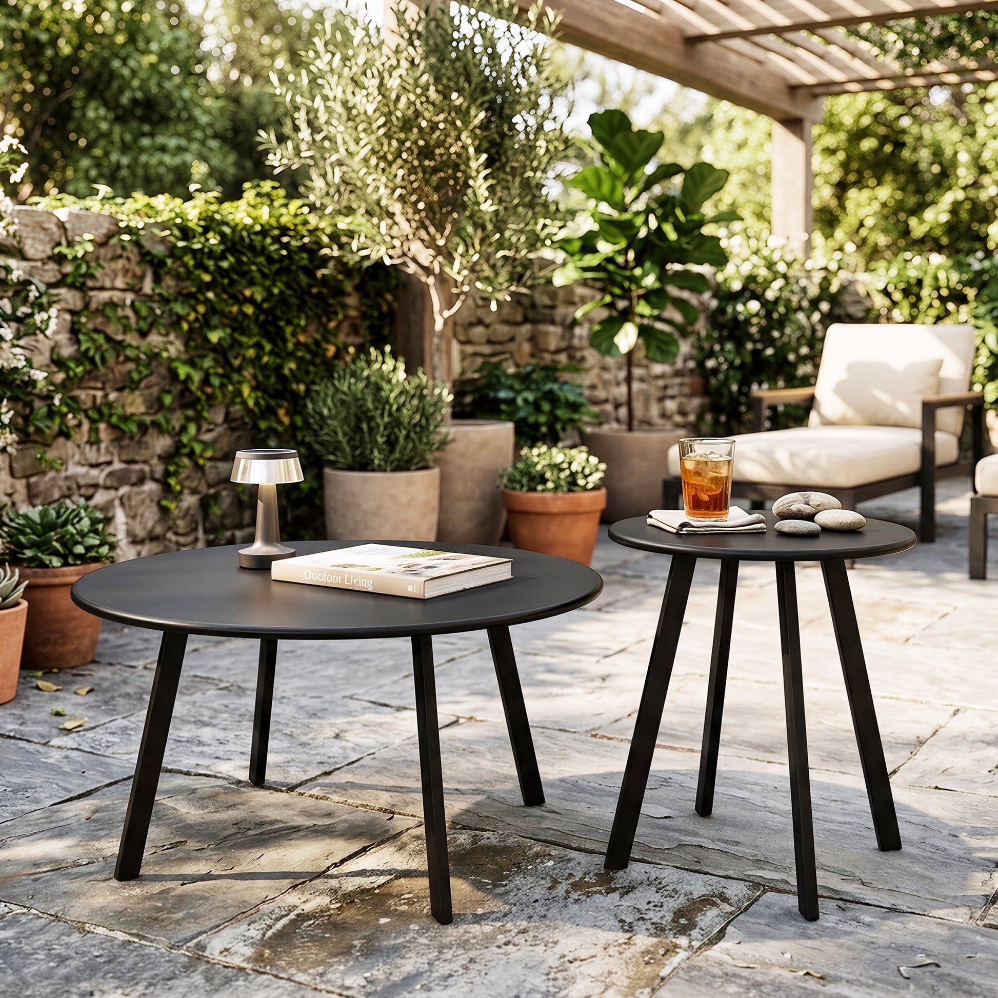 2PCS Round Nesting Coffee Table Set, Modern Black Metal Side & End Tables, Space-Saving Accent Table Set for Living Room, Bedroom, Balcony, Patio, Indoor & Outdoor Use