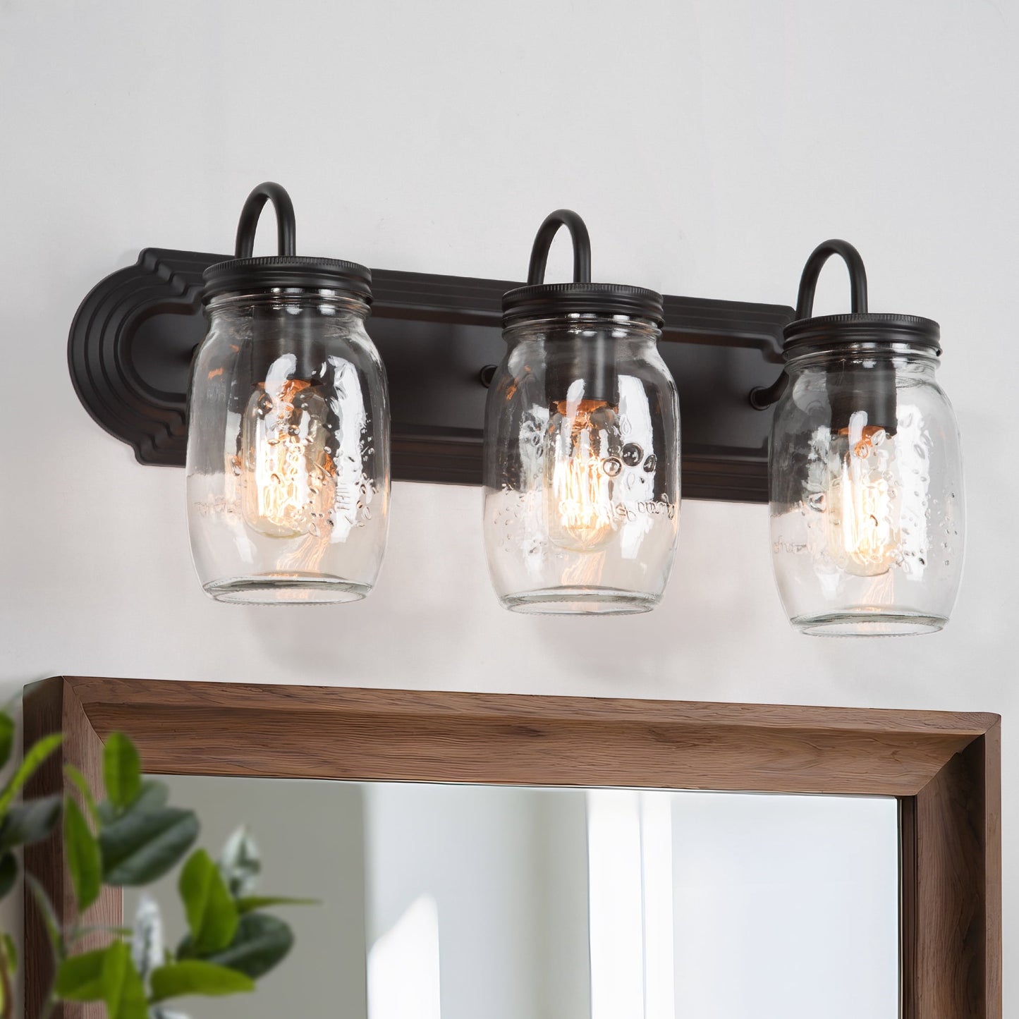 LNC Aries 3-Light Matt Black Vanity Light with Mason Jar Glass Farmhouse 19-inch Bathroom Vanity Light
