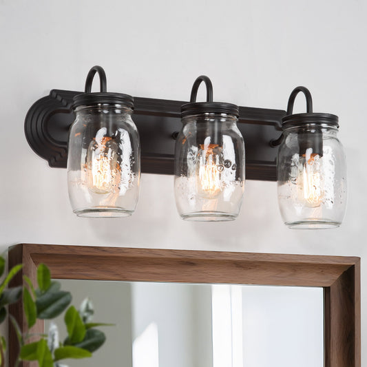 LNC Aries 3-Light Matt Black Vanity Light with Mason Jar Glass Farmhouse 19-inch Bathroom Vanity Light