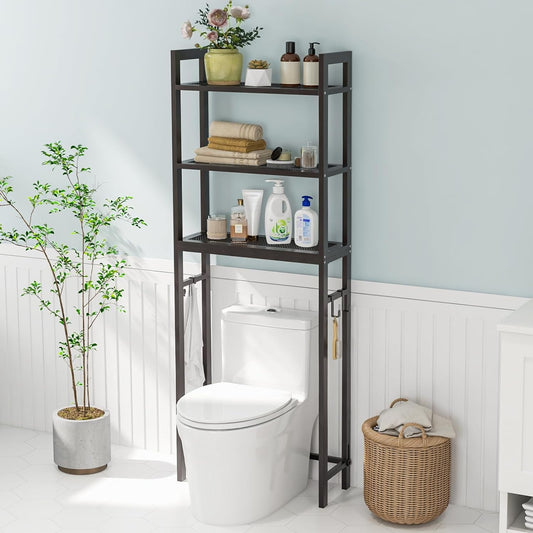 3-Tier Over the Toilet Storage Rack, Freestanding Bathroom Organizer Space Saving w/ Hooks Brown