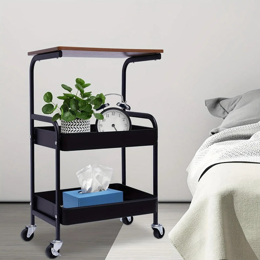 3 Tier Rolling Utility Cart with Walnut Wood Top, Heavy Duty Metal Storage Organizer Cart with Lockable Wheels for Kitchen Bathroom Coffee Bar