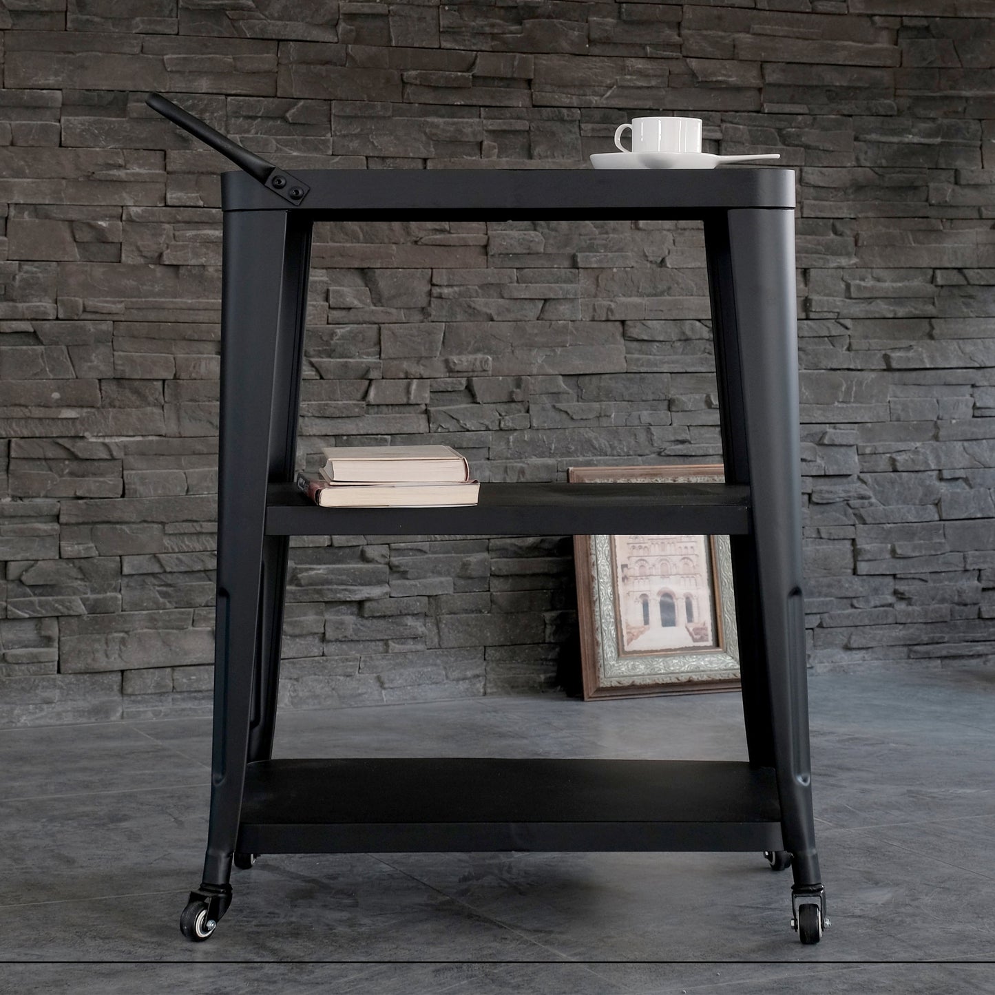 3-Tiered Metal Frame, Industrial Dining Cart with Swivel Wheels, Black