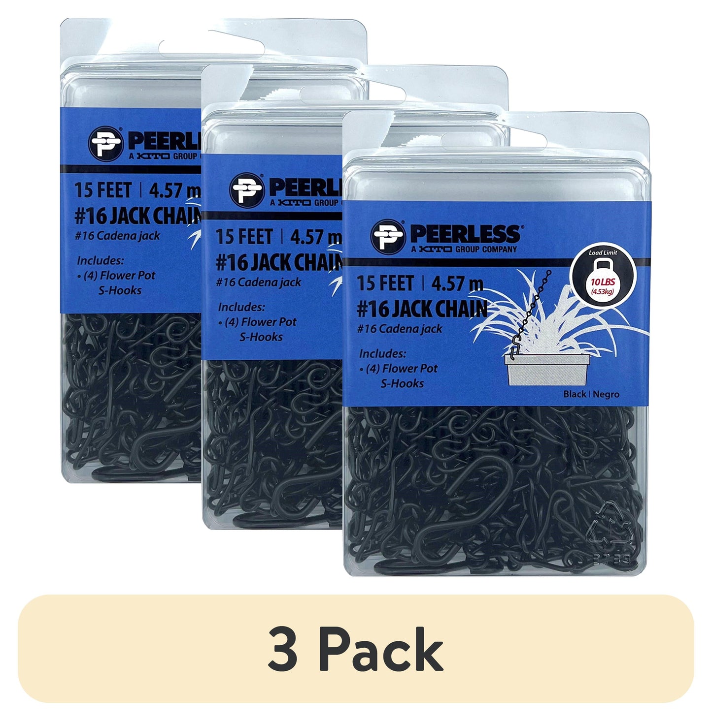 (3 pack) #16 Jack Chain Kit, Black, 15', 4 S-Hooks, Peerless Chain Company, #4745045